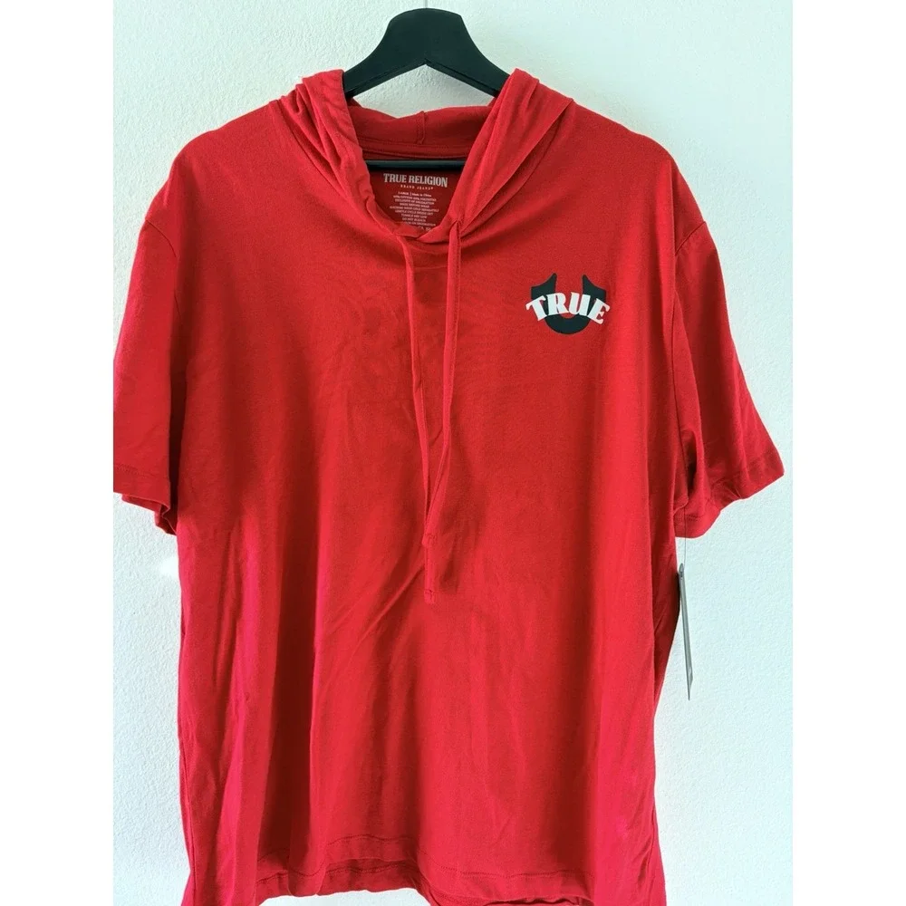True Religion Men's Red Circular Hooded T-Shirt Buddha Graphic Logo Short L